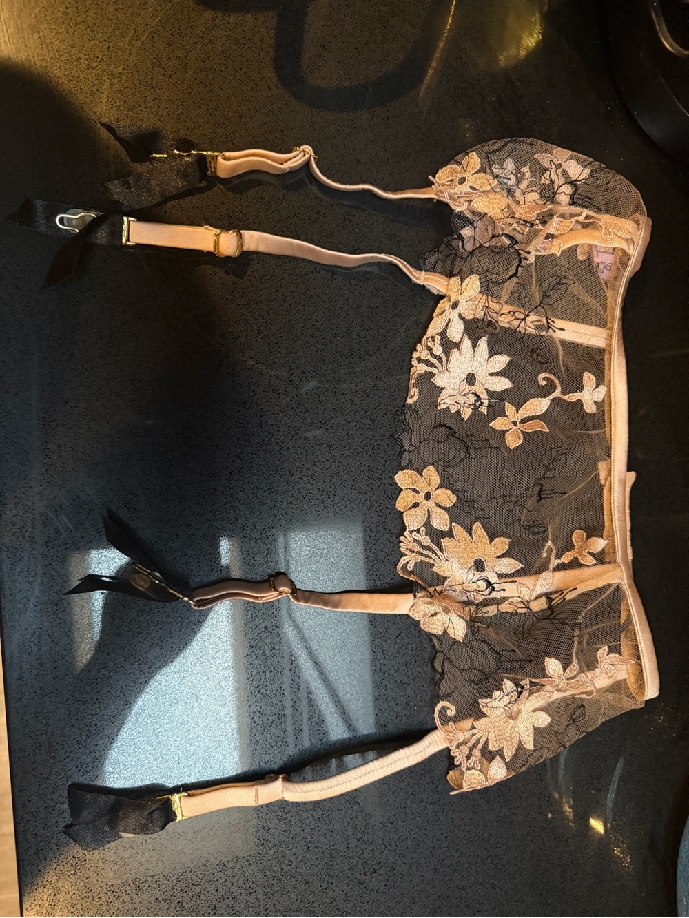 Agent Provocateur Black and Nude Floral Lace Garter